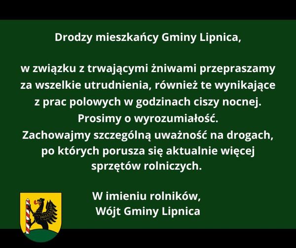 Informacja wójta Gminy dotyczące okresu żniw
